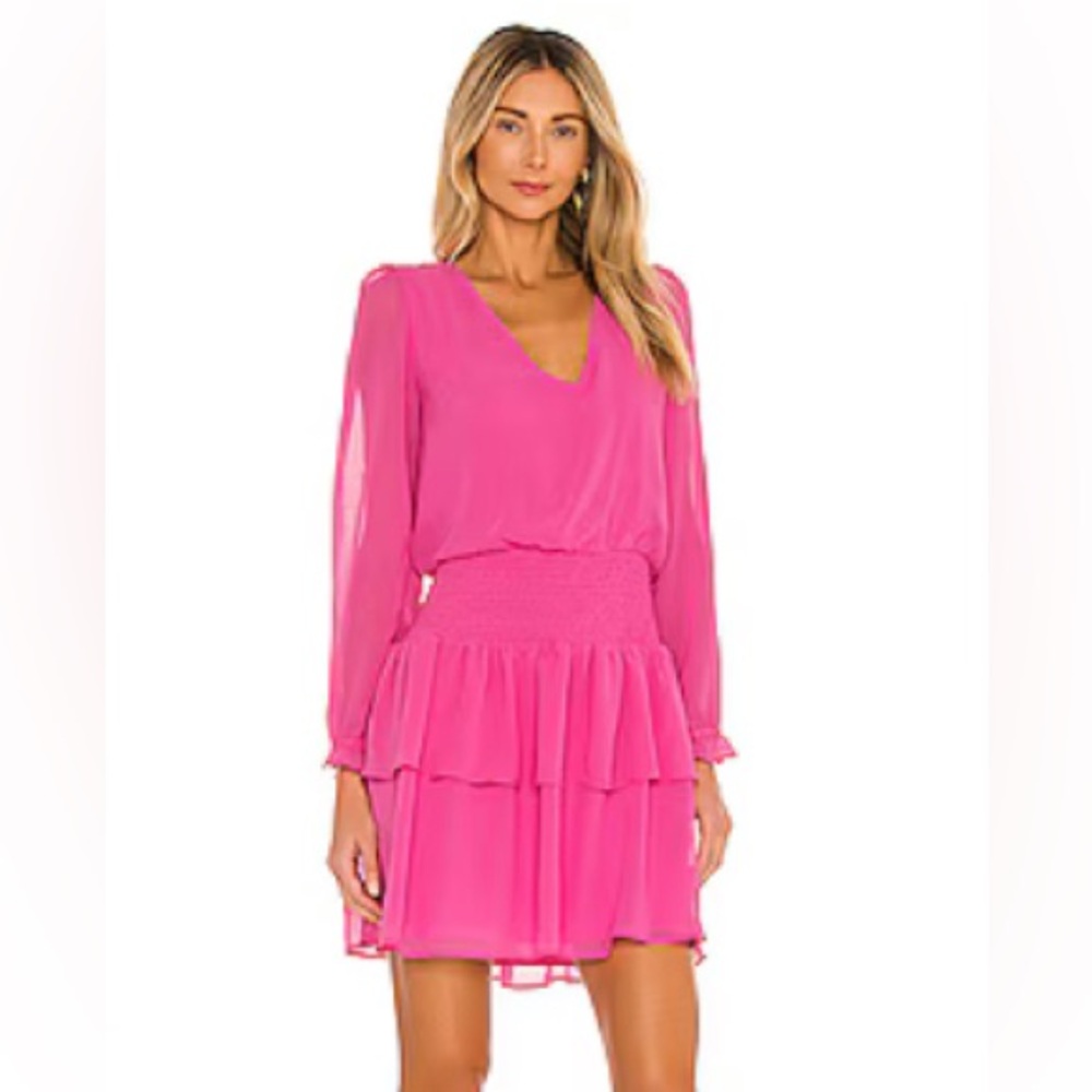 pink v neck smocked dress